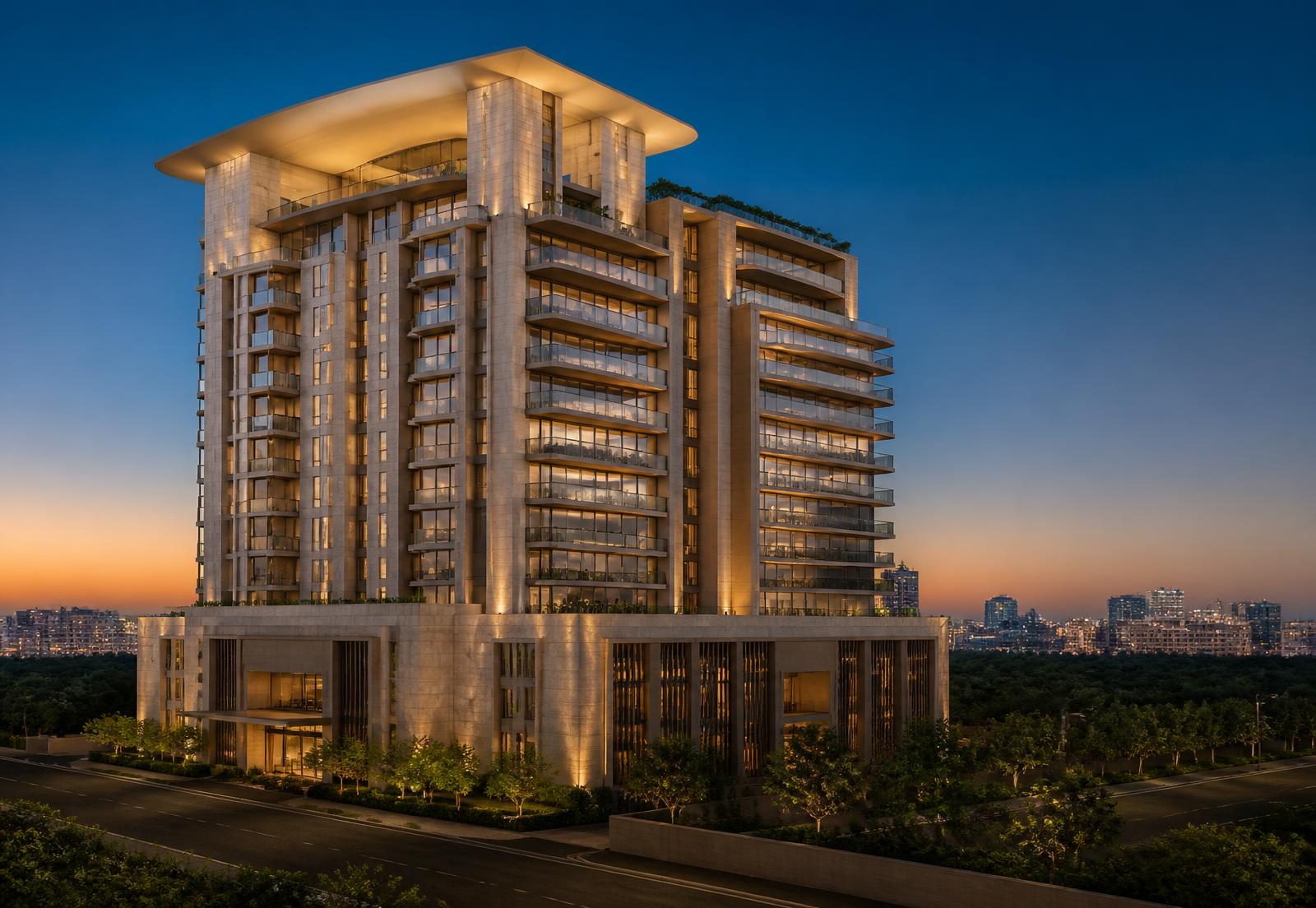 Premium residential tower in Hyderabad at dusk